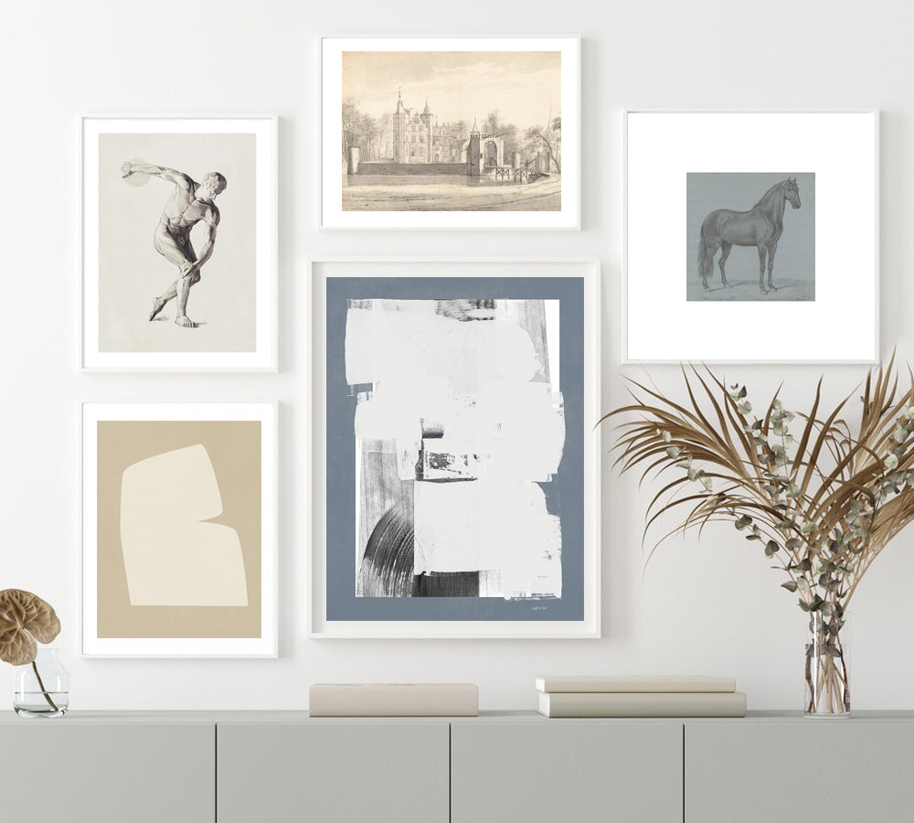 gallery wall, dusty blue, beige, abstract, artolo prints