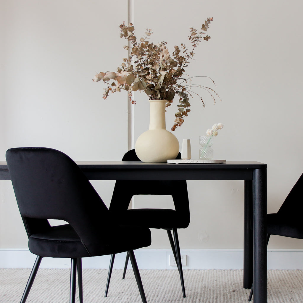 Scandinavian living room, black velvet chairs