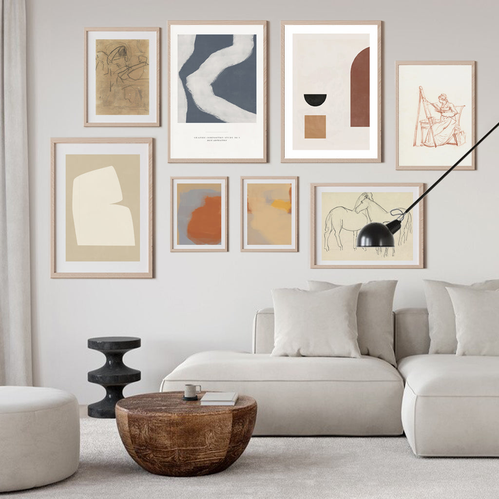 mid-century-modern-gallery-wall-beige-corner-sofa-wooden-coffee-table-Scandinavian-living-room
