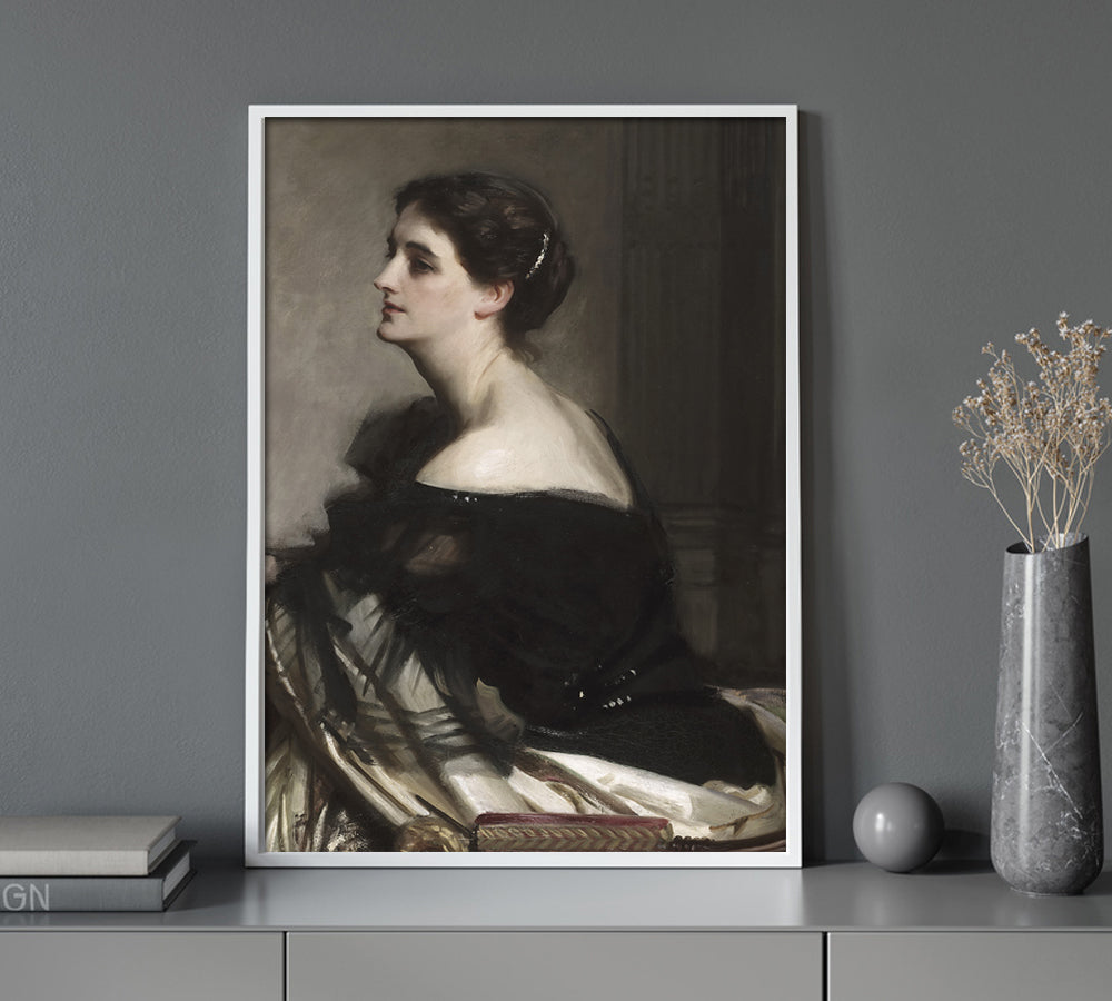 vintage oil painting, woman portrait, white frame, grey home decor