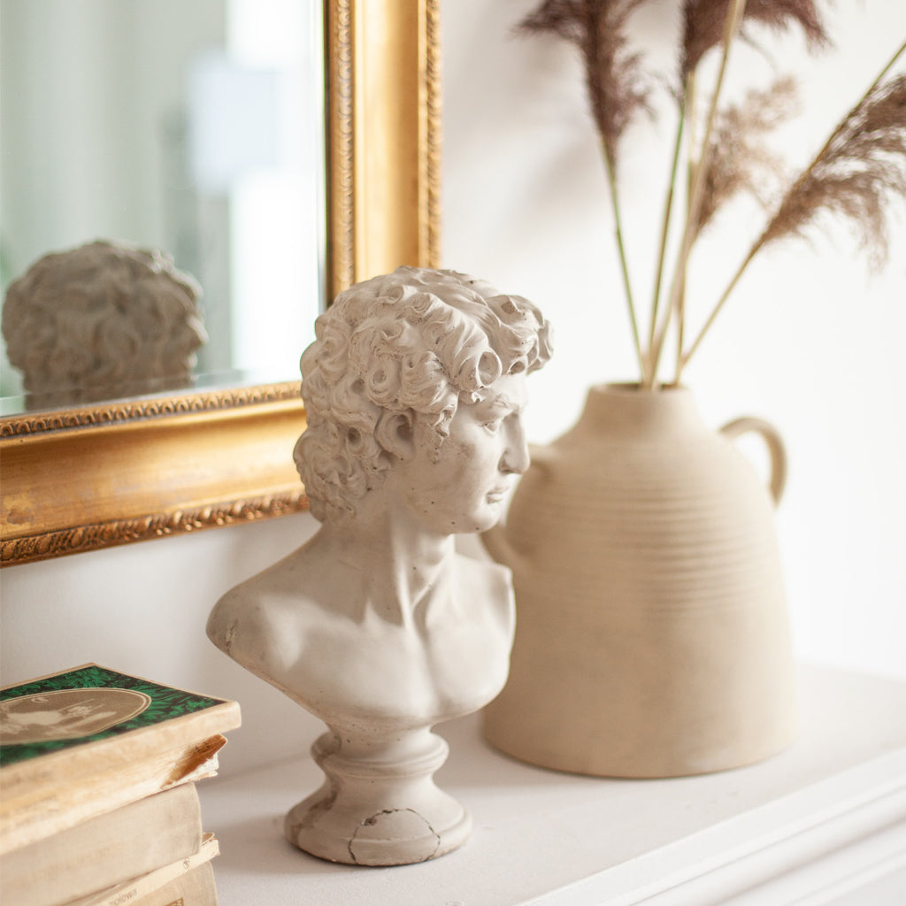 roman man bust, clay vase, dried pampas, mirror, home décor