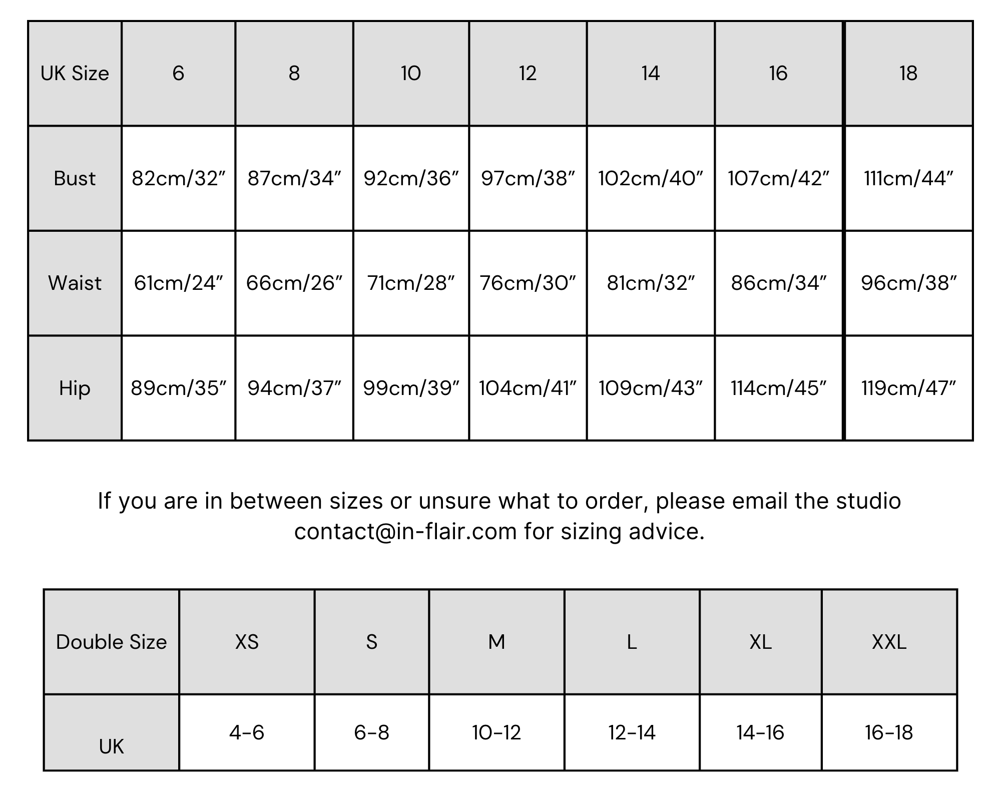 Sustainable recycled fashion clothing size chart