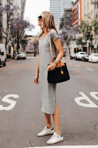 Grey dress and Golden Goose Super Star Sneakers