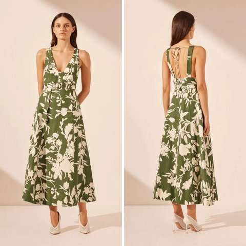 Shona Joy - Renee Plunged Panelled Midi Dress - Pesto/Ivory