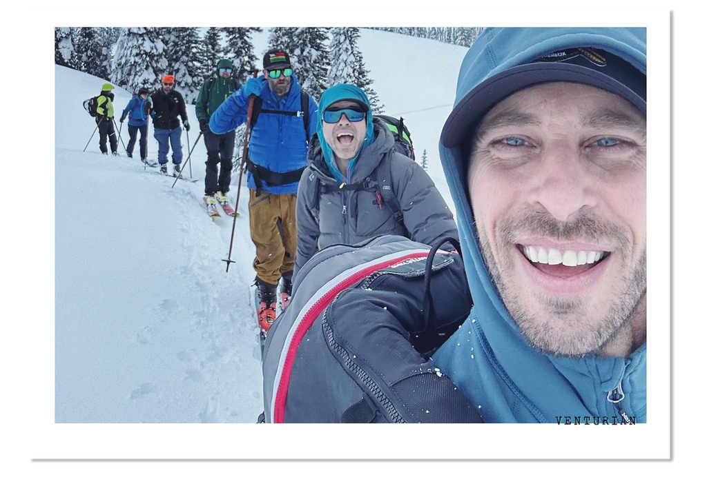 Venturian Wath Works founder Jason Strong with friends on the skin track in the Canadian Rockies.