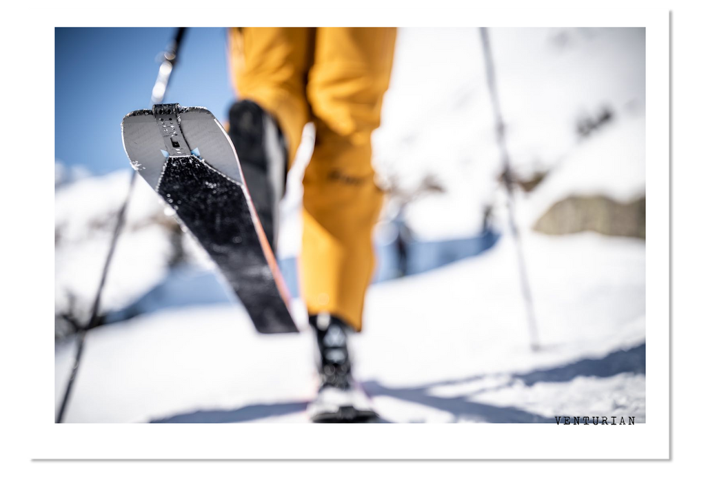 Alpine touring skins seen on the bottom of a ski.