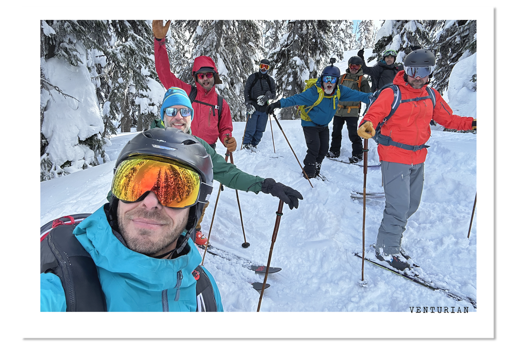 Venturian Watch Works a Strong and friends skiing the back country of British Columbia