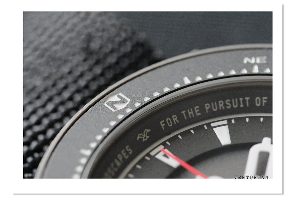 North marker on the Veturian Wildsider 38MM solar titanium compass mens watch — #menswatch #solartitanium #titaniumwatch