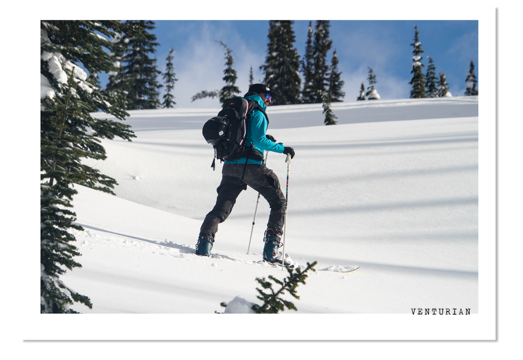 Venturian WatchWorks U.S.A. founder and designer Jason Strong is seen ski touring up Mount Lecquereaux in British Columbia, Canada