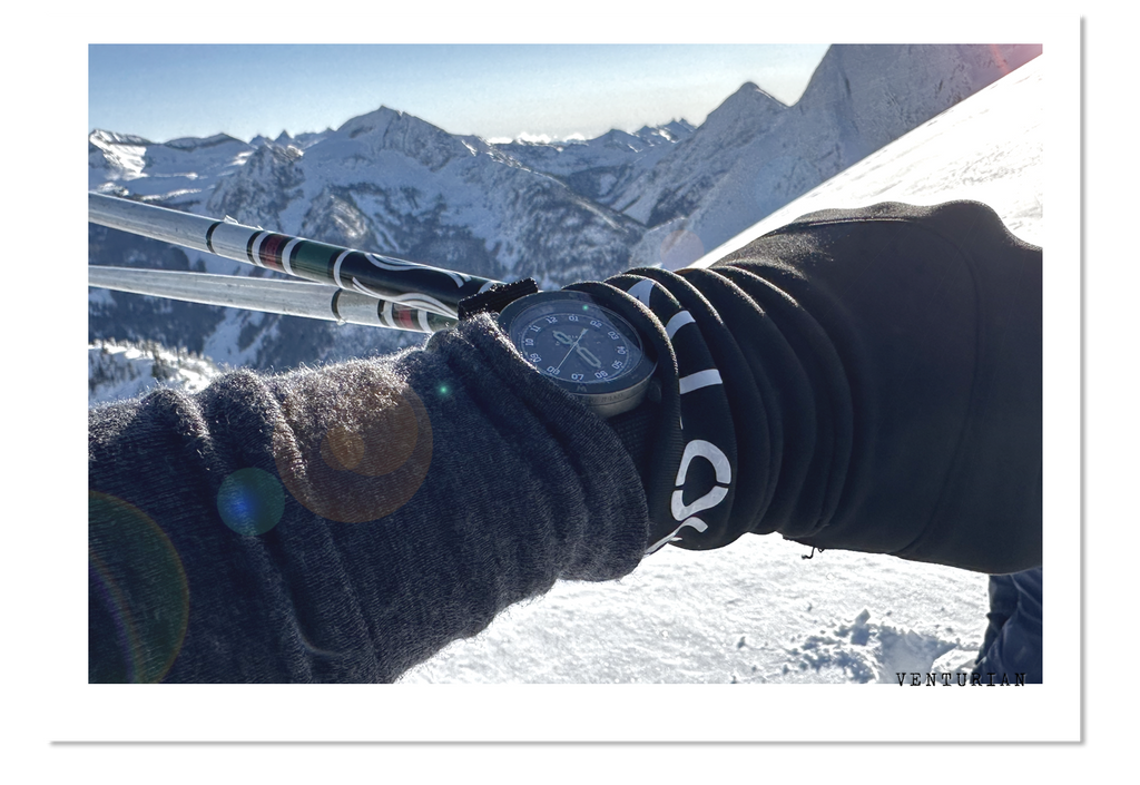 The Venturian Wildsider adventure field watch on the wrist of founder Jason Strong in the Canadian Rockies