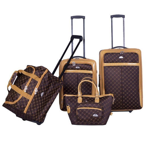 American Flyer Fleur De Lis Fabric 4 Piece Luggage Set in Brown