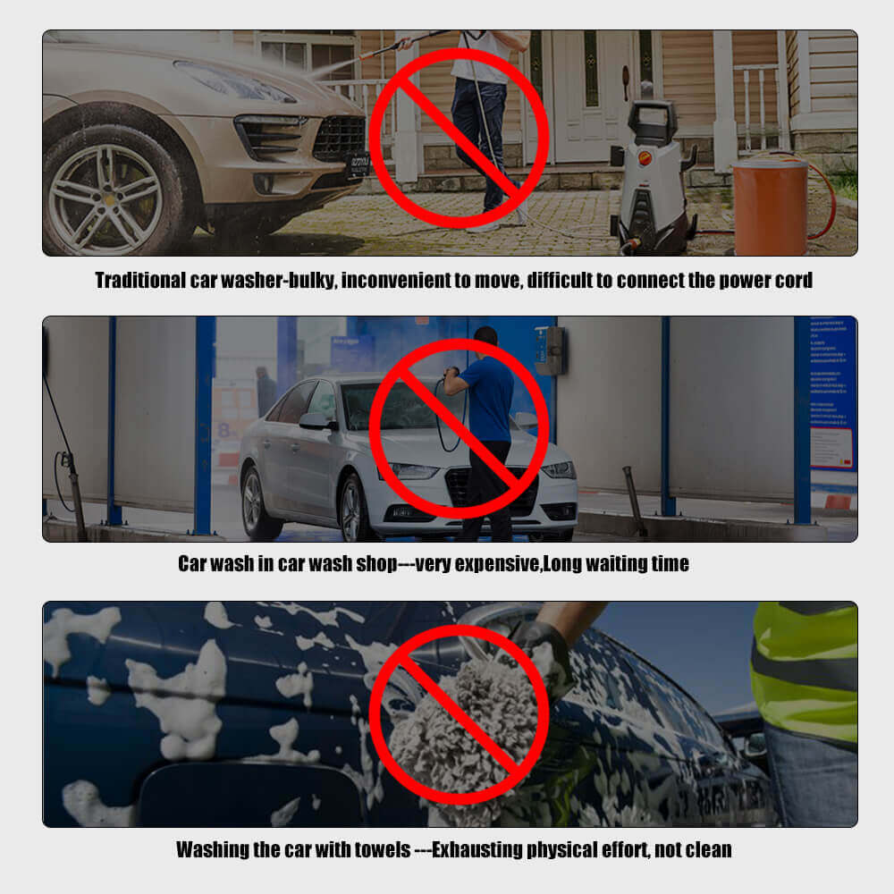 The traditional car washing machine is bulky, and inconvenient to move, and the power cord is difficult to connect Car Washing at a Car Wash - Expensive, Long Waits Washing the car with a towel - exhausting energy, not clean
