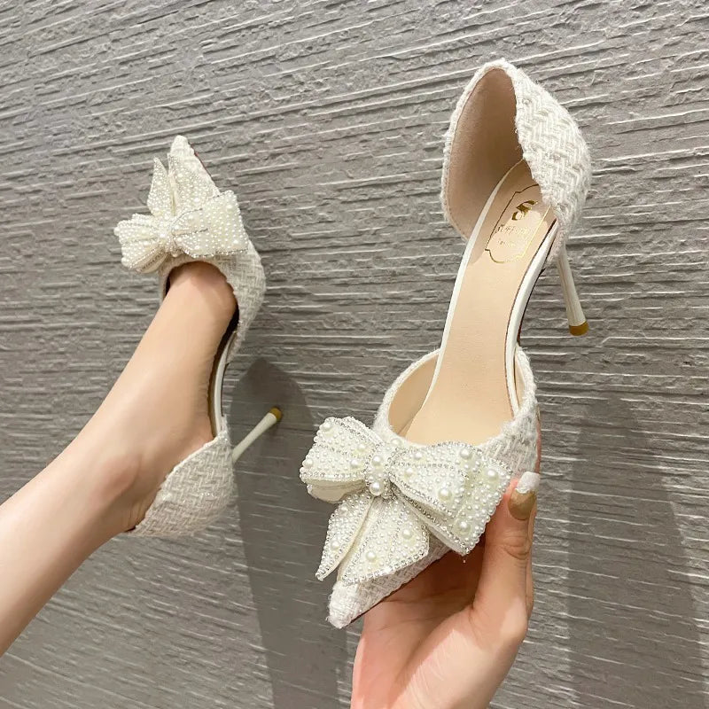 Luxury Pearl Crystal Bowtie White Wedding Shoes  2024 Spring Brand High Heels