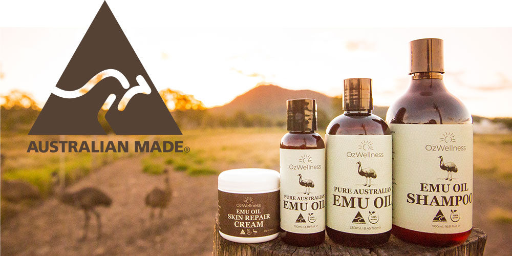 Australia made logo against emu oil products on farm