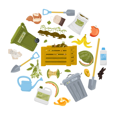 Des outils de jardinage et des déchets organiques s'éparpillent autour de bacs de compost, une illustration idéale pour l'article sur la réutilisation des déchets verts.