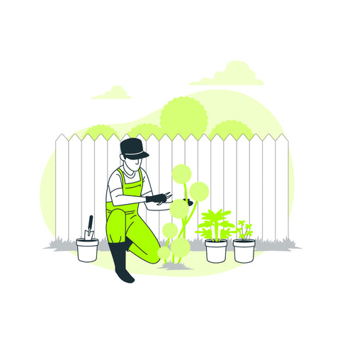 Un jardinier prend soin de ses plantes, un acte central de l'article sur l'utilisation durable des déchets verts.