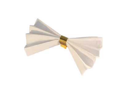 Le Nœud Chic   Pliez la serviette en accordéon, attachez le centre avec une cordelette et séparez les couches pour former un nœud élégant en papier.