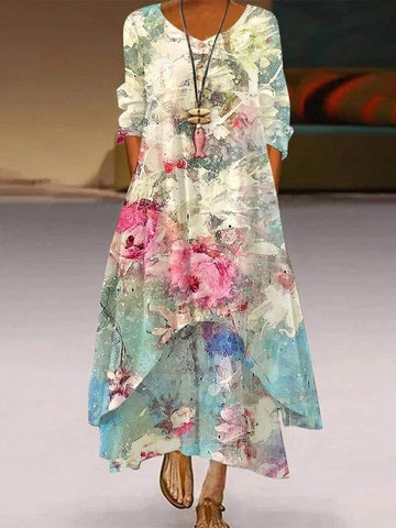 Floral Painting Crew Neck Casual Maxi Dresses – seamiss