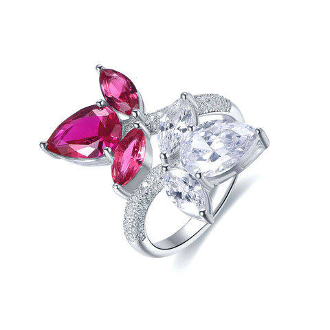 Trendolla Crystal Leaves And Ruby Leaves Toi et Moi Ring