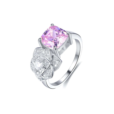 Trendolla Flower and Rose Quartz Cubic Zirconia Diamond Toi et Moi Ring