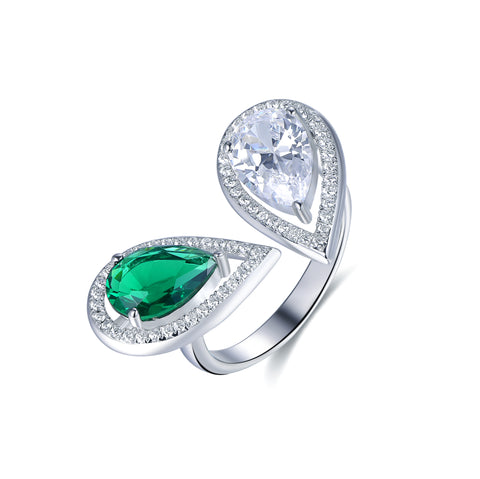 Trendolla Crystal Heart And Emerald Heart Cubic Zirconia Diamond Toi et Moi Ring $99.00 USD