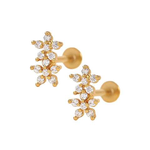 Crystal Double Flowers Ball Back & Flat Back Cartilage Earrings