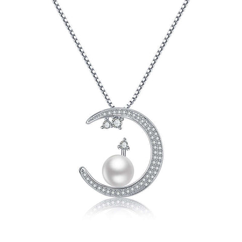 Pearl Embed CZ Diamond Moon Pendant Necklace Silver Pearl Necklace