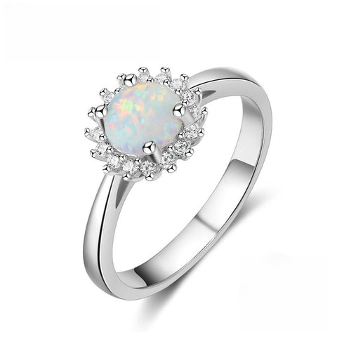 Sterling Silver S925 Beautiful Flower CZ Diamond Opal Ring