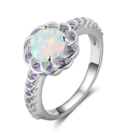 S925 Sterling Silver Simulated Light Amethyst Blooming Flower Opal Ring