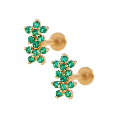 Emerald Green Double Flower Ball Back & Flat Back Cartilage Earrings