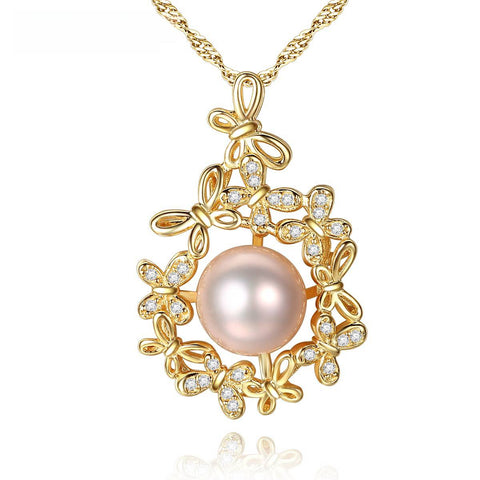 Flower Embed Real Pearl Pendant Necklace 18K Gold Plating 925 Sterling Silver Chain