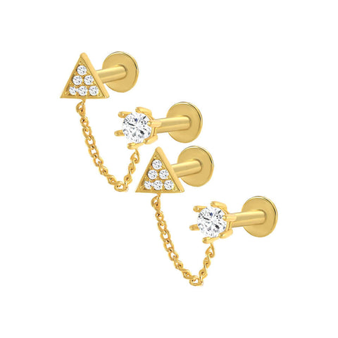 Chain CZ Diamond Double Studs Flat Back Earrings