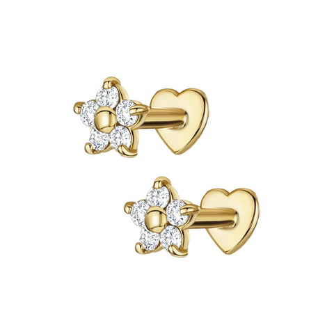 Heart Flat Back Floral CZ Diamond Stud Earrings