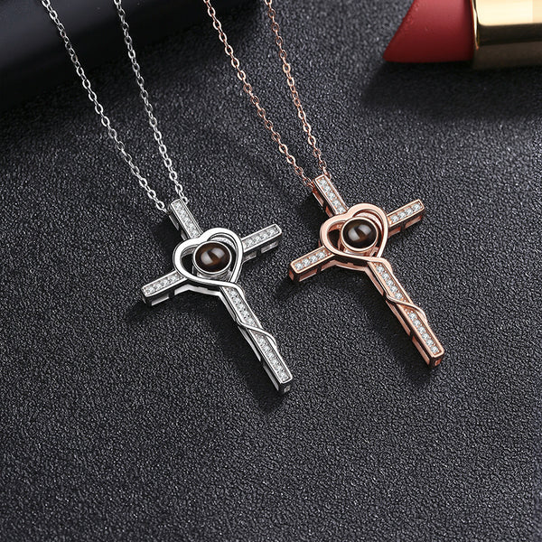 Stainless Love Heart Crown Lock and Key Pendant Necklace Set, 100 Languages  I Love You Couples Projection Jewelry