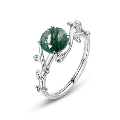 925 Sterling Silver Natural Moss Agate Engagement Adjustable Ring