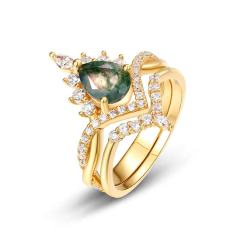 925 Sterling Silver Crown Green Moss Agate Engagement Ring