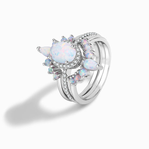 3PCS White Gold Oval Cut Opal Engagement Ring Unique Bridal Set
