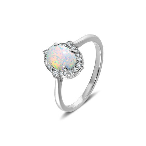 Unique S925 Silver Opal Oval Ring with CZ Diamonds