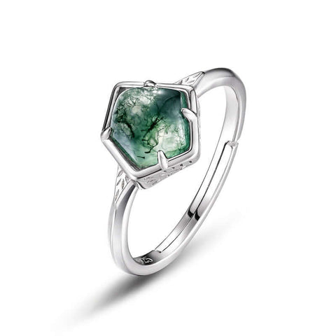 S925 Leaf Polygon Moss Agate Engagement Adjustable Ring