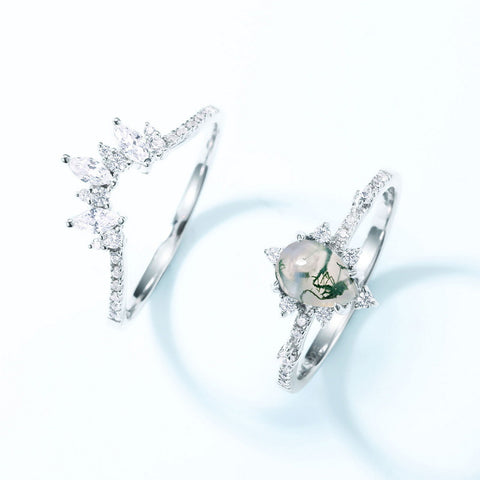 Stylish Tear Drop Shaped Diamond Crown Moss Agate Layer Ring