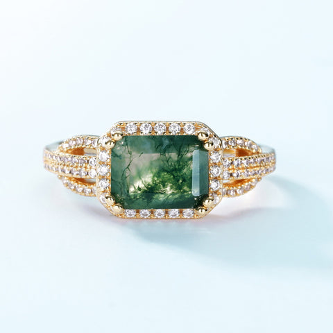 Trendolla Emerald Cut Moss Agate Engagement Ring