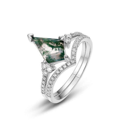 Rhombic Cubic Zirconia Moss Agate Engagement Layer Ring