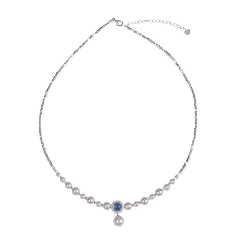 925 Sterling Silver Half Pearl Half Chain Aquamarine Pearl Necklace