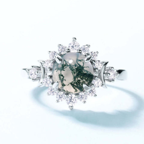 S925 White Zirconia Sunflower Moss Agate Adjustable Ring