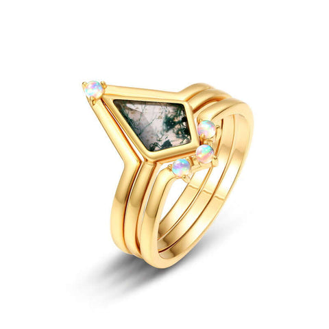 S925 Opal Kite Cut Moss Agate Engagement Ring