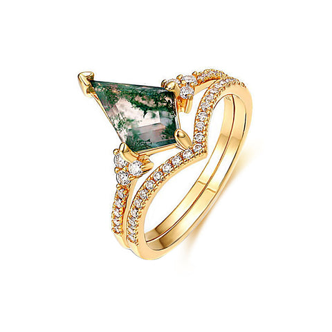 Rhombic Cubic Zirconia Moss Agate Engagement Layer Ring