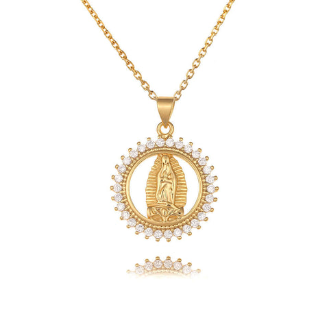 18K Gold Plated Virgin Mary Religious Sun Moon Virgencita Necklace