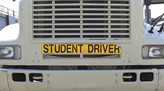 Student Driver sign on the front of semi truck cab