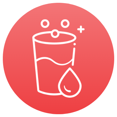 Icon of a glass of water with bubbles and a droplet on a red background.