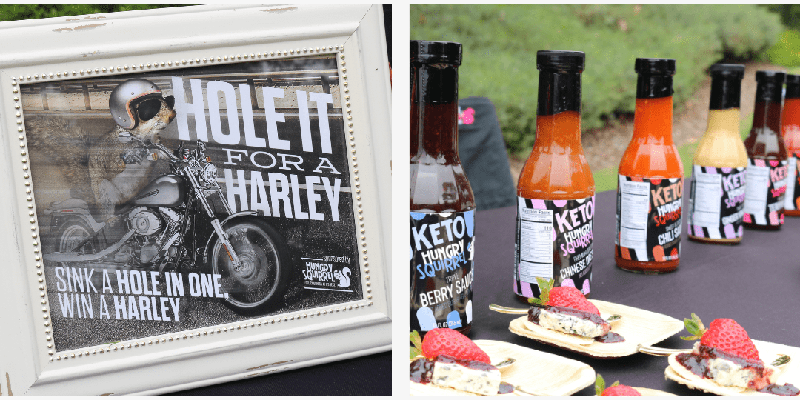 left: Picture on the frame, hungry squirrel riding harley, text: Hole it for a harley. Right: Apatizer with sauce. Bottles of hungry squirrel sauces on the table